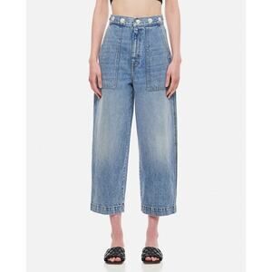 Khaite Hewey Studded High Waisted Wide Leg Cropped Denim Jeans Light Wash Sz 25